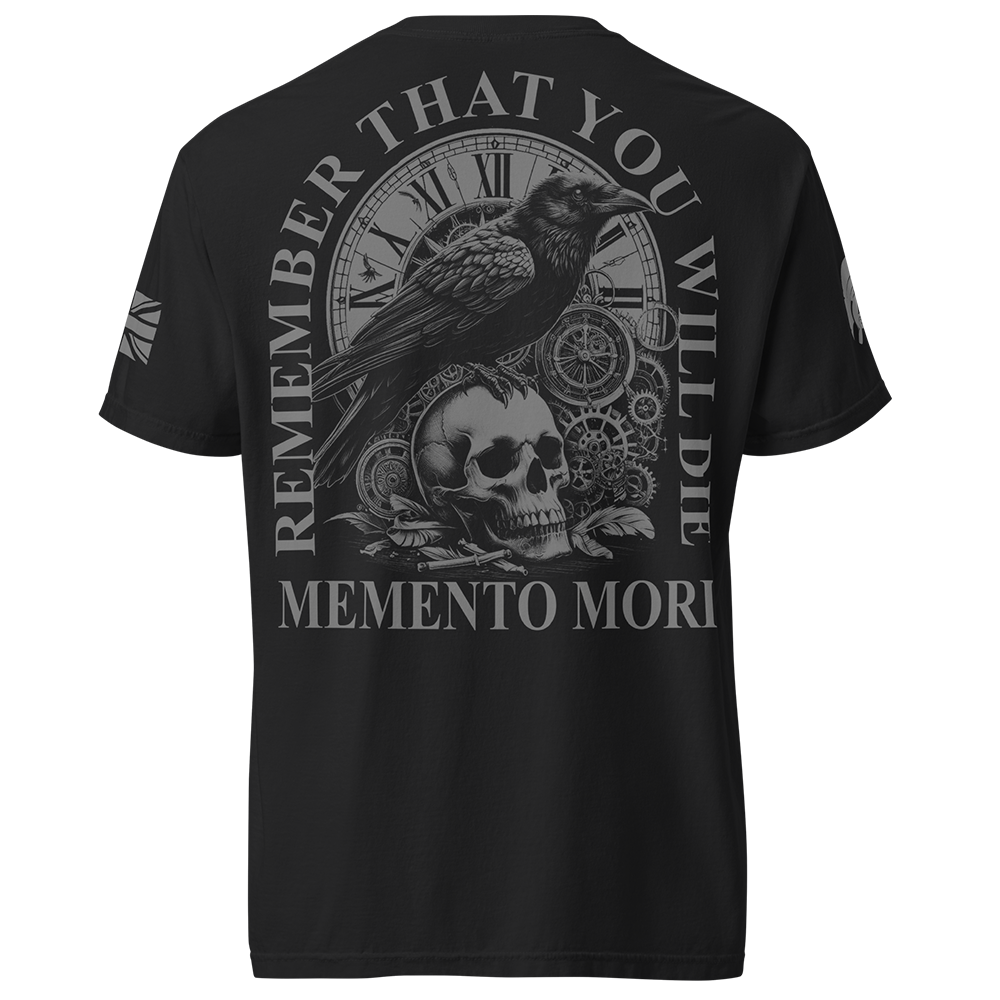 Back view of Black short sleeve unisex fit classic cotton T-Shirt by Achilles Tactical Clothing Brand printed with Large Memento Mori design across back