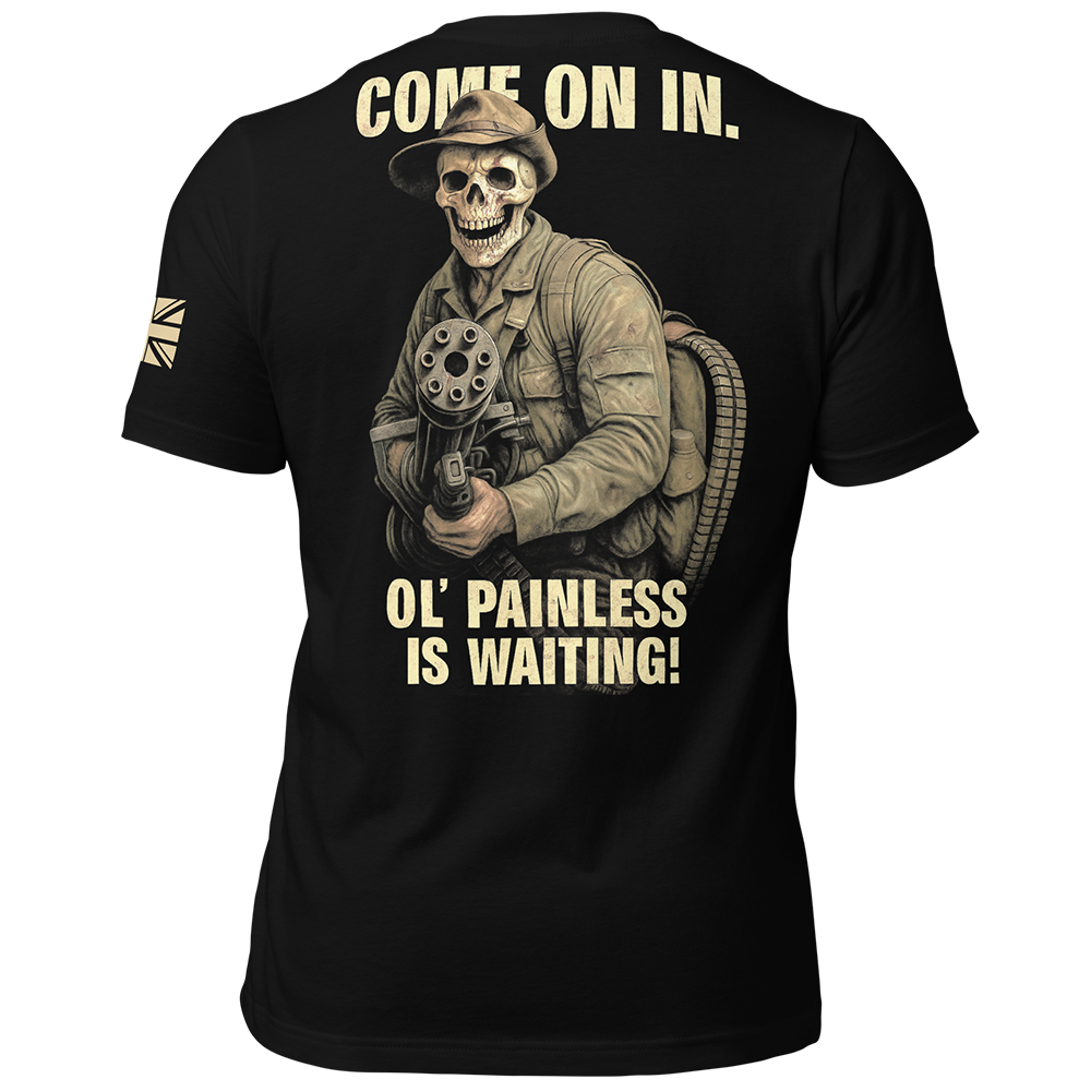 Back view of Black short sleeve unisex fit original cotton T-Shirt by Achilles Tactical Clothing Brand printed with Ol' Painless design across back