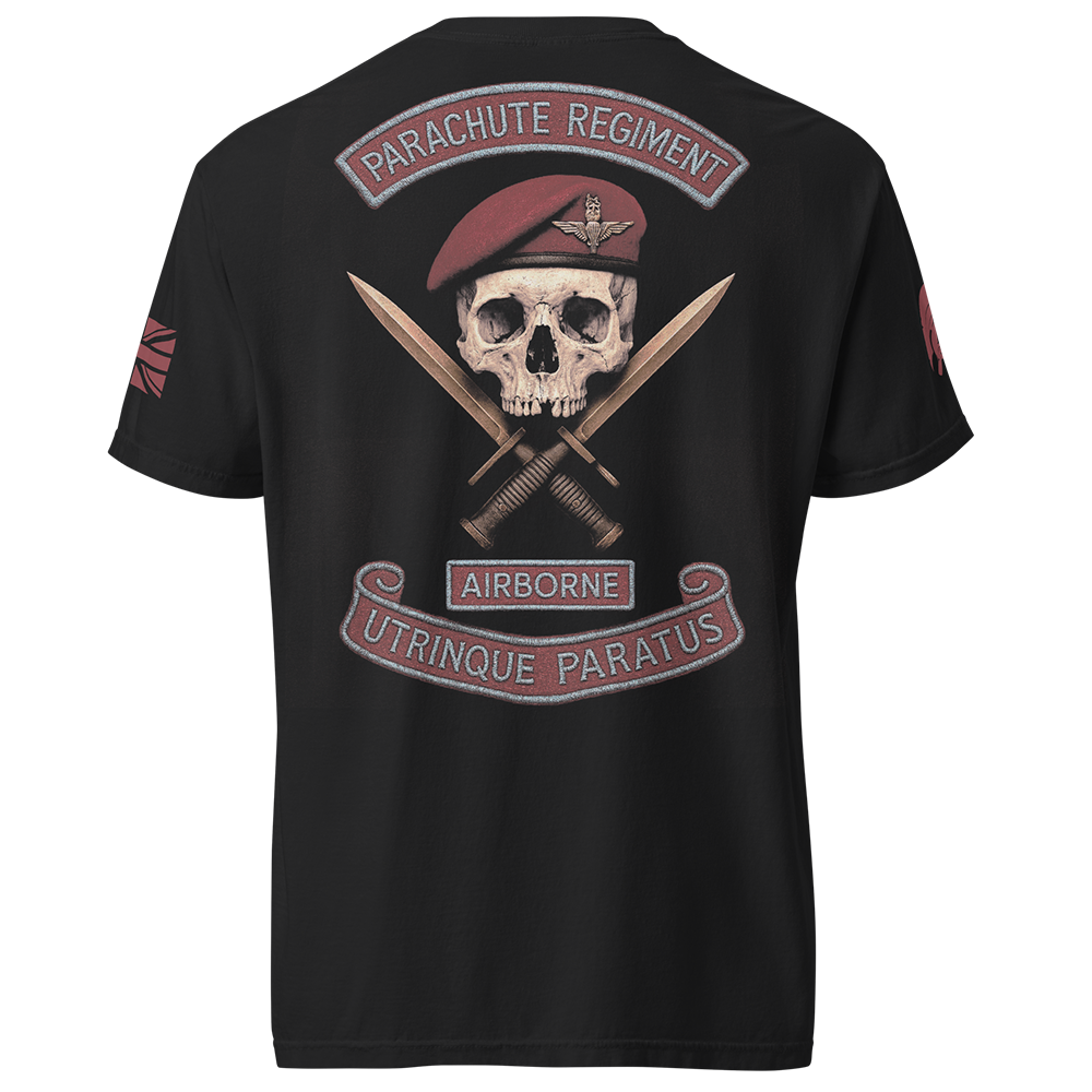 Back view of Black short sleeve unisex fit classic cotton T-Shirt by Achilles Tactical Clothing Brand printed with Large Parachute Regiment Airborne design across back