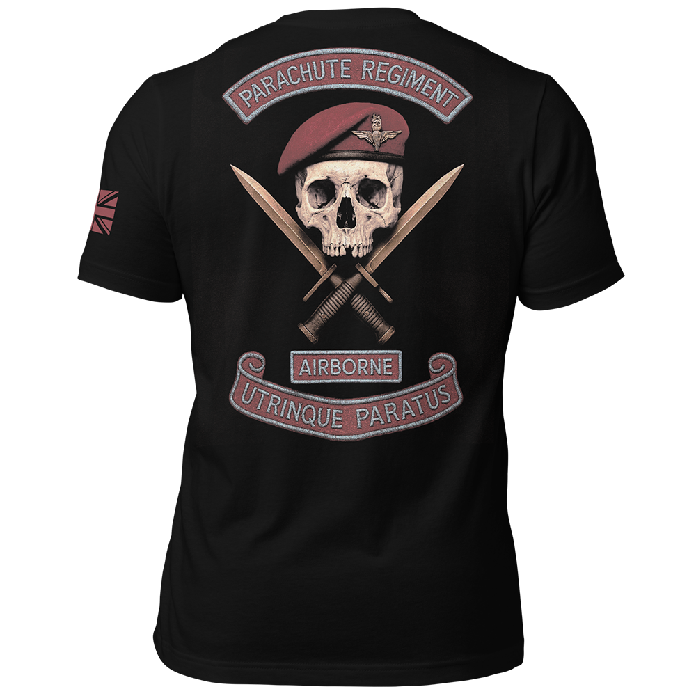Back view of Black short sleeve unisex fit original cotton T-Shirt by Achilles Tactical Clothing Brand printed with Parachute regiment airborne design across back