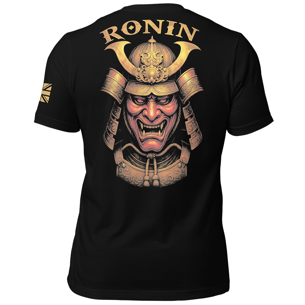 Back view of Black short sleeve unisex fit original cotton T-Shirt by Achilles Tactical Clothing Brand printed wi Ronin design across back