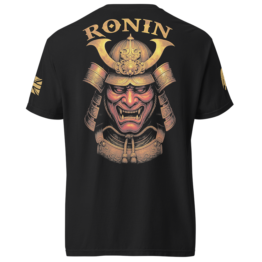 Back view of Black short sleeve unisex fit classic cotton T-Shirt by Achilles Tactical Clothing Brand printed with Large Ronin design across back
