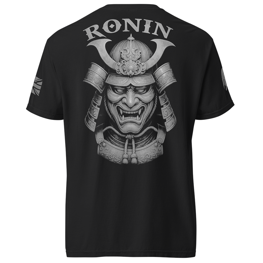 Back view of Black short sleeve unisex fit classic cotton T-Shirt by Achilles Tactical Clothing Brand printed with Large Ronin ghost grey design across back