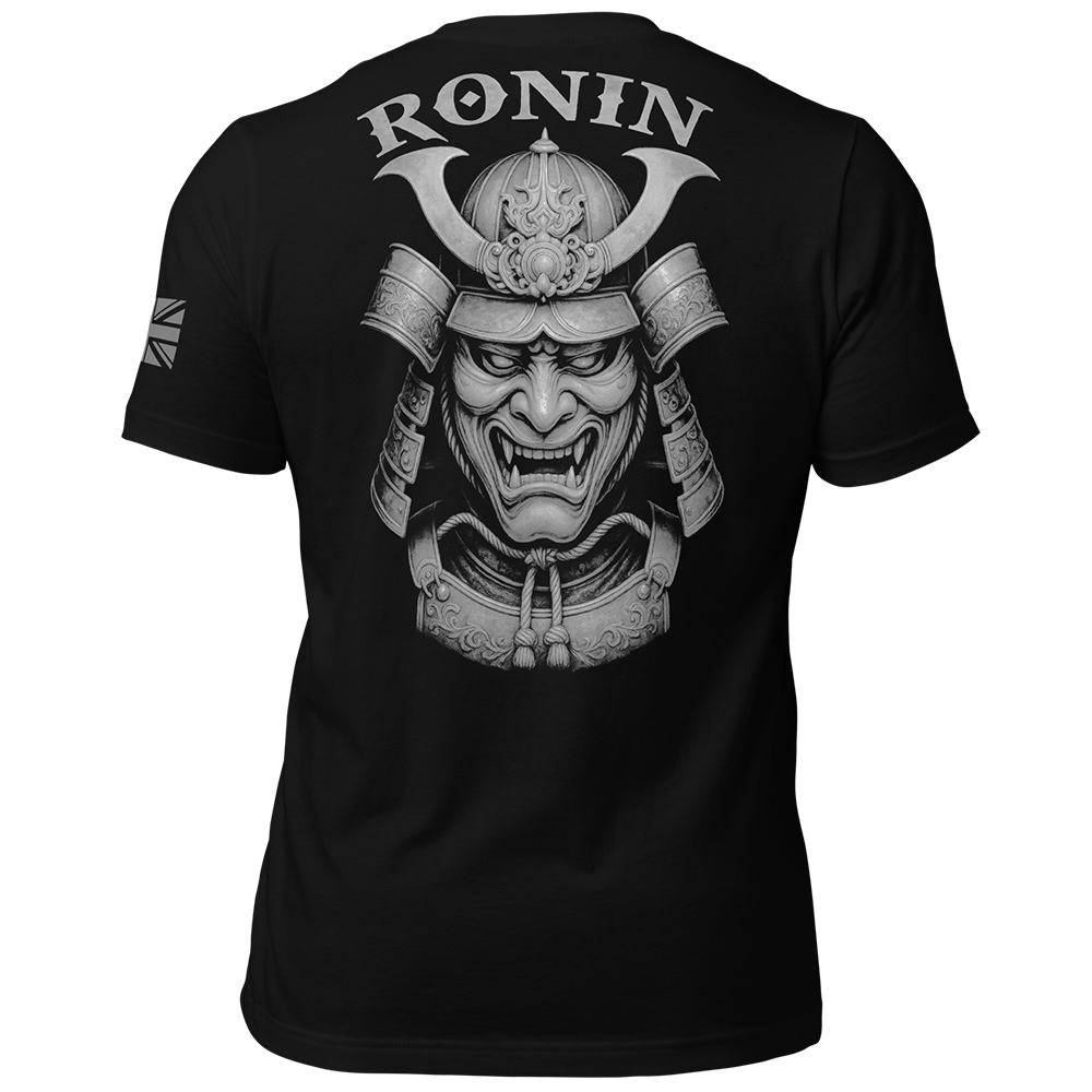 Back view of Black short sleeve unisex fit original cotton T-Shirt by Achilles Tactical Clothing Brand printed with Ronin Ghost Grey design across back