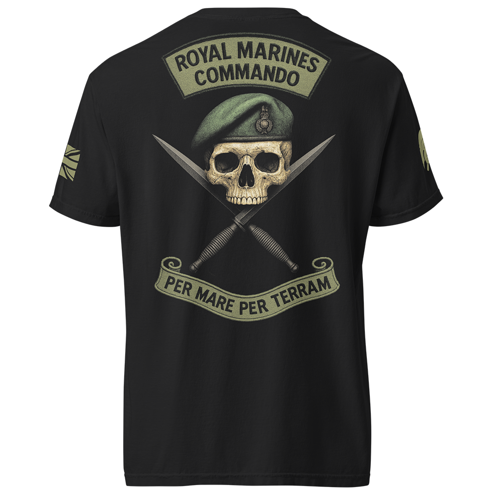 Back view of Black short sleeve unisex fit classic cotton T-Shirt by Achilles Tactical Clothing Brand printed with Large Royal Marines Commando design across back