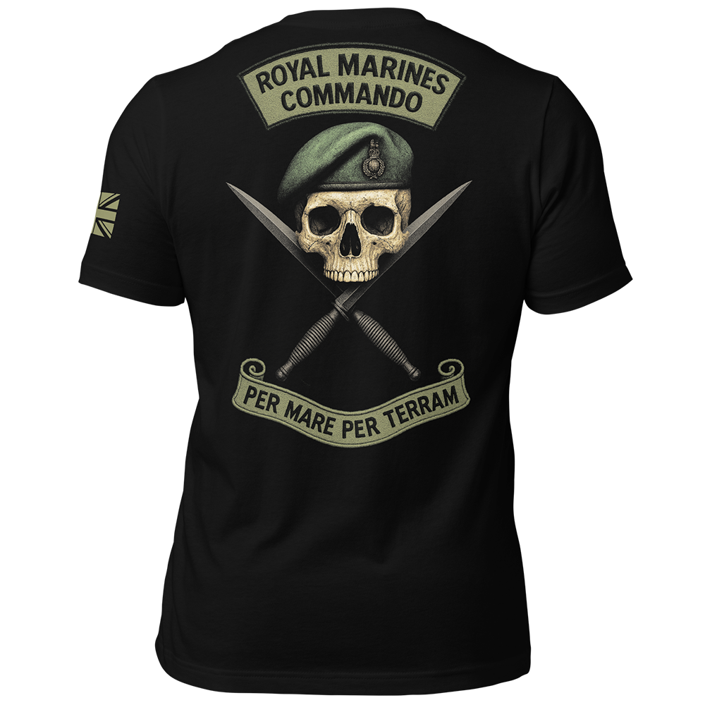 Back view of Black short sleeve unisex fit original cotton T-Shirt by Achilles Tactical Clothing Brand printed with Royal marines Commando design across back