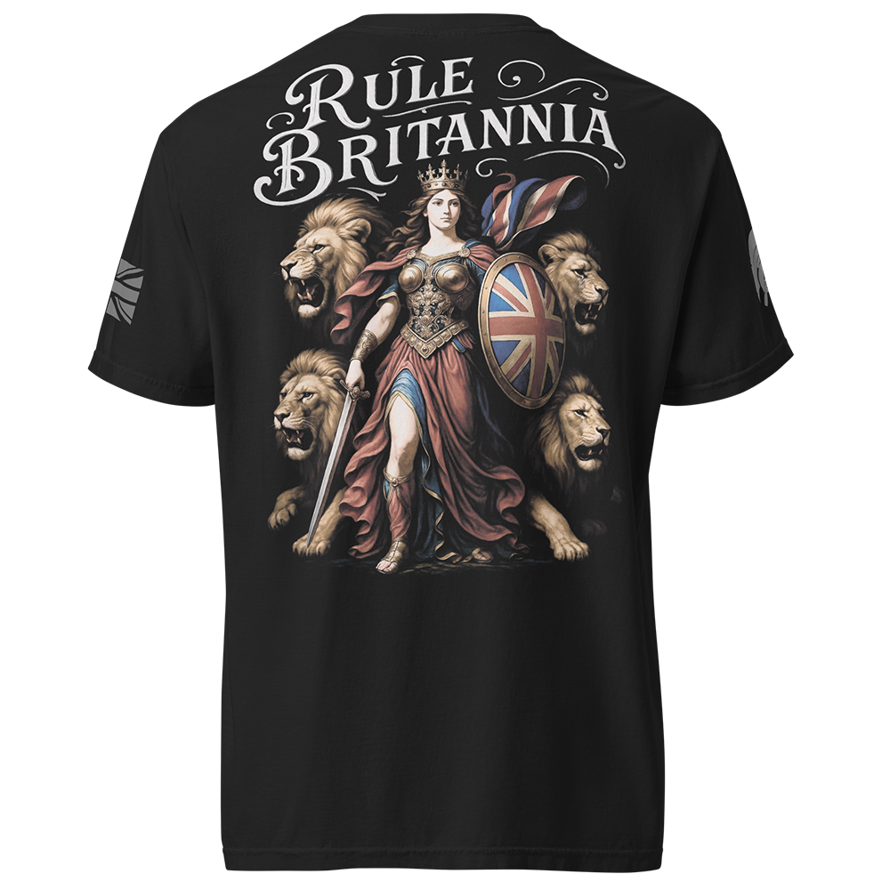Back view of Black short sleeve unisex fit classic cotton T-Shirt by Achilles Tactical Clothing Brand printed with Large Rule Britannia design across back