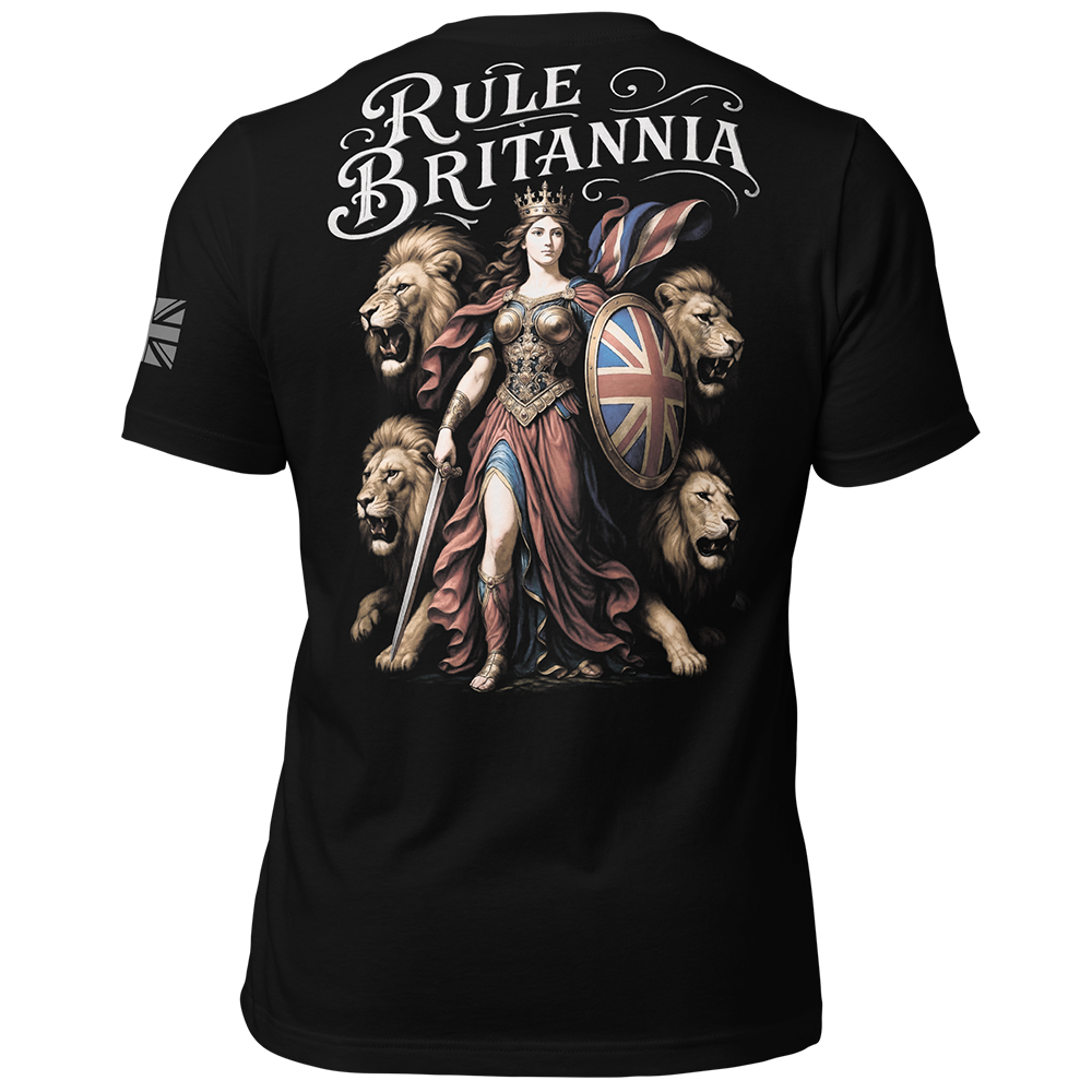 Back view of Black short sleeve unisex fit original cotton T-Shirt by Achilles Tactical Clothing Brand printed with Rule Britannia design across back
