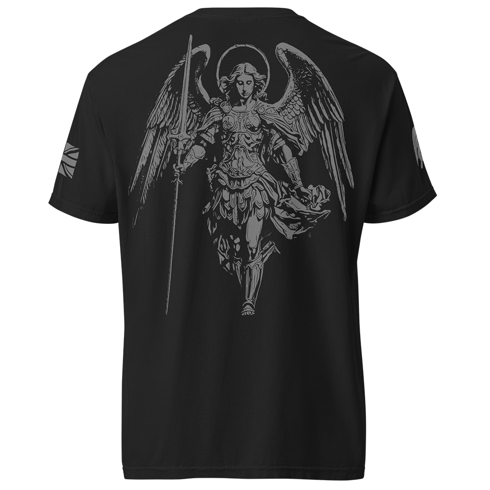 Back view of Black short sleeve unisex fit classic cotton T-Shirt by Achilles Tactical Clothing Brand printed with Large Saint Michael design across back