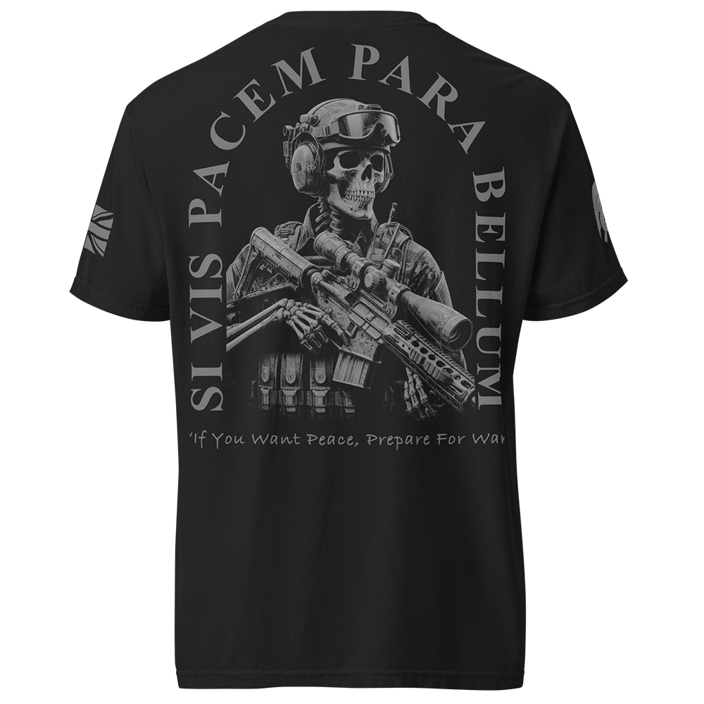 Back view of Black short sleeve unisex fit classic cotton T-Shirt by Achilles Tactical Clothing Brand printed with Large si vis pacem para bellum design across back
