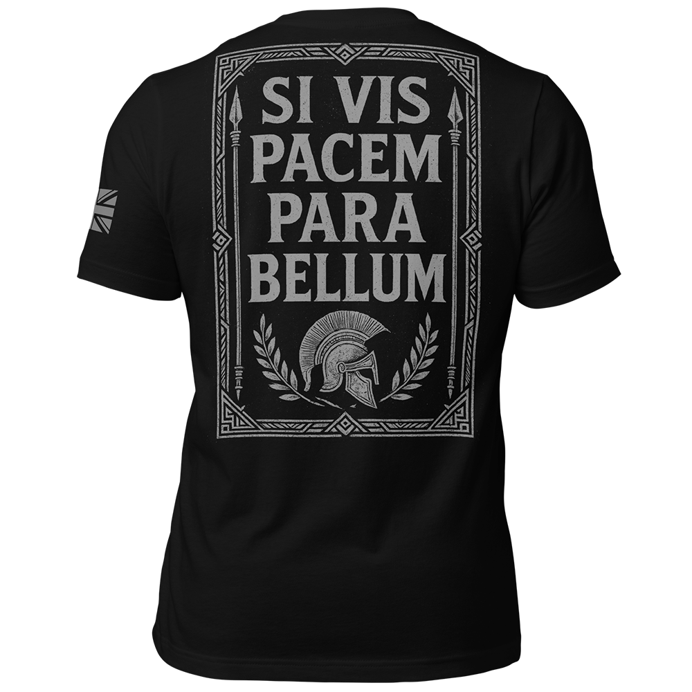 Back view of Black short sleeve unisex fit original cotton T-Shirt by Achilles Tactical Clothing Brand printed with Si Vis Pacem Quote design across back