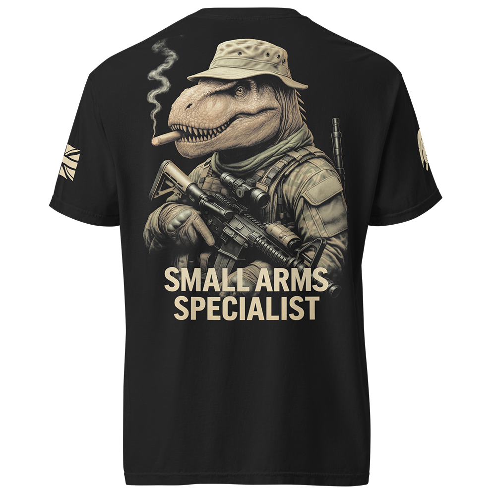 Back view of Black short sleeve unisex fit classic cotton T-Shirt by Achilles Tactical Clothing Brand printed with Large Small Arms Specialist design across back