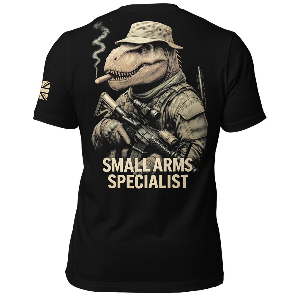 Back view of Black short sleeve unisex fit original cotton T-Shirt by Achilles Tactical Clothing Brand printed with Small Arms Specialist design across back