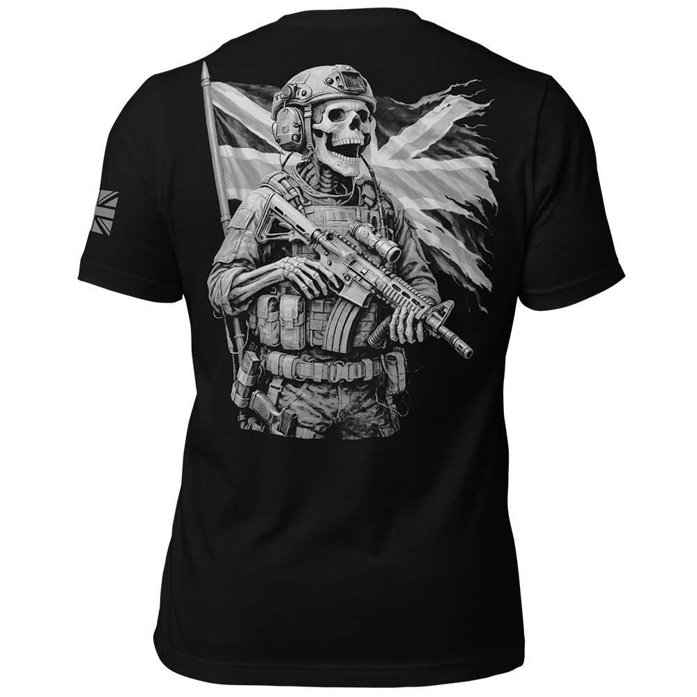 Back view of Black short sleeve unisex fit original cotton T-Shirt by Achilles Tactical Clothing Brand printed with The Defender design across back