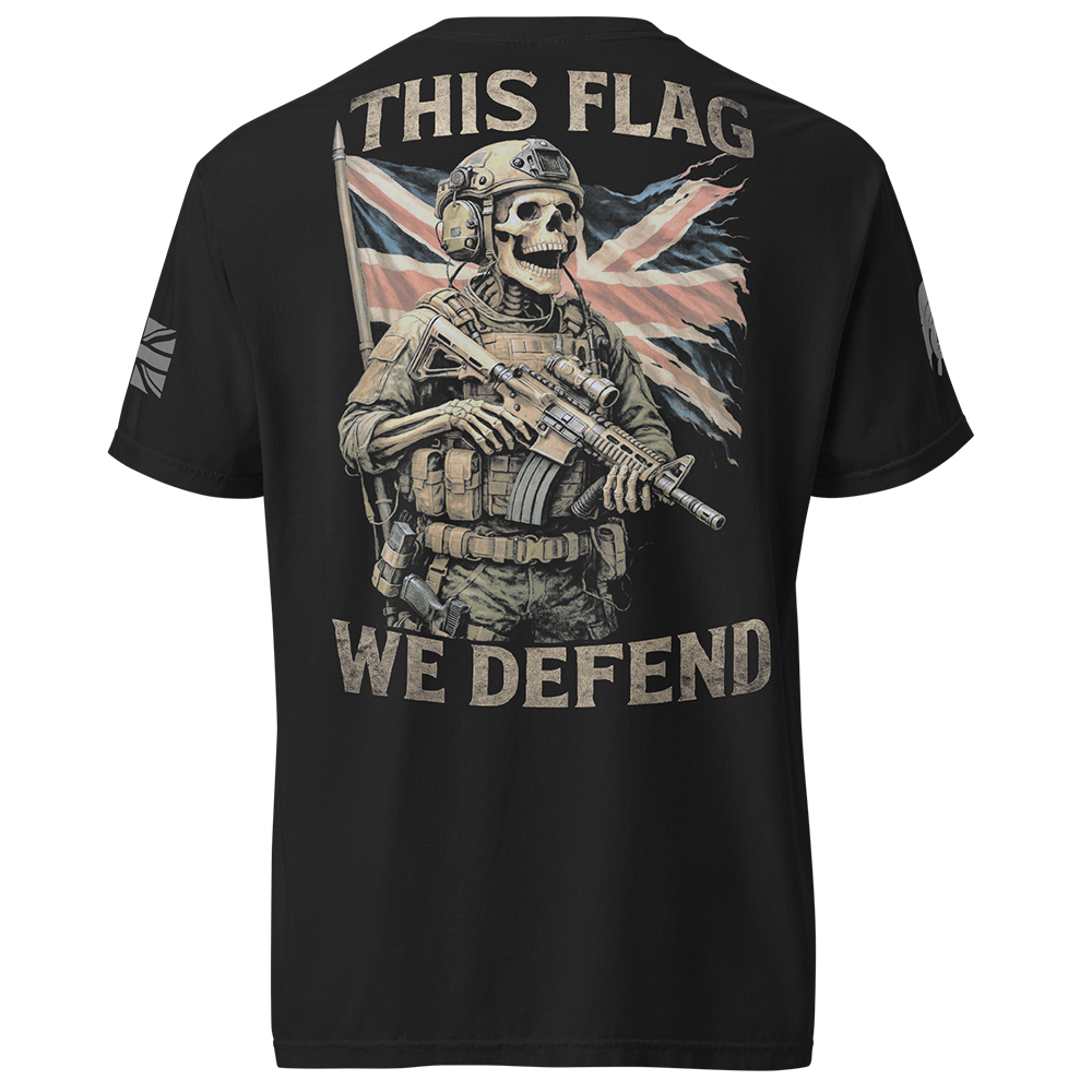 Back view of Black short sleeve unisex fit classic cotton T-Shirt by Achilles Tactical Clothing Brand printed with Large This Flag We Defend design across back