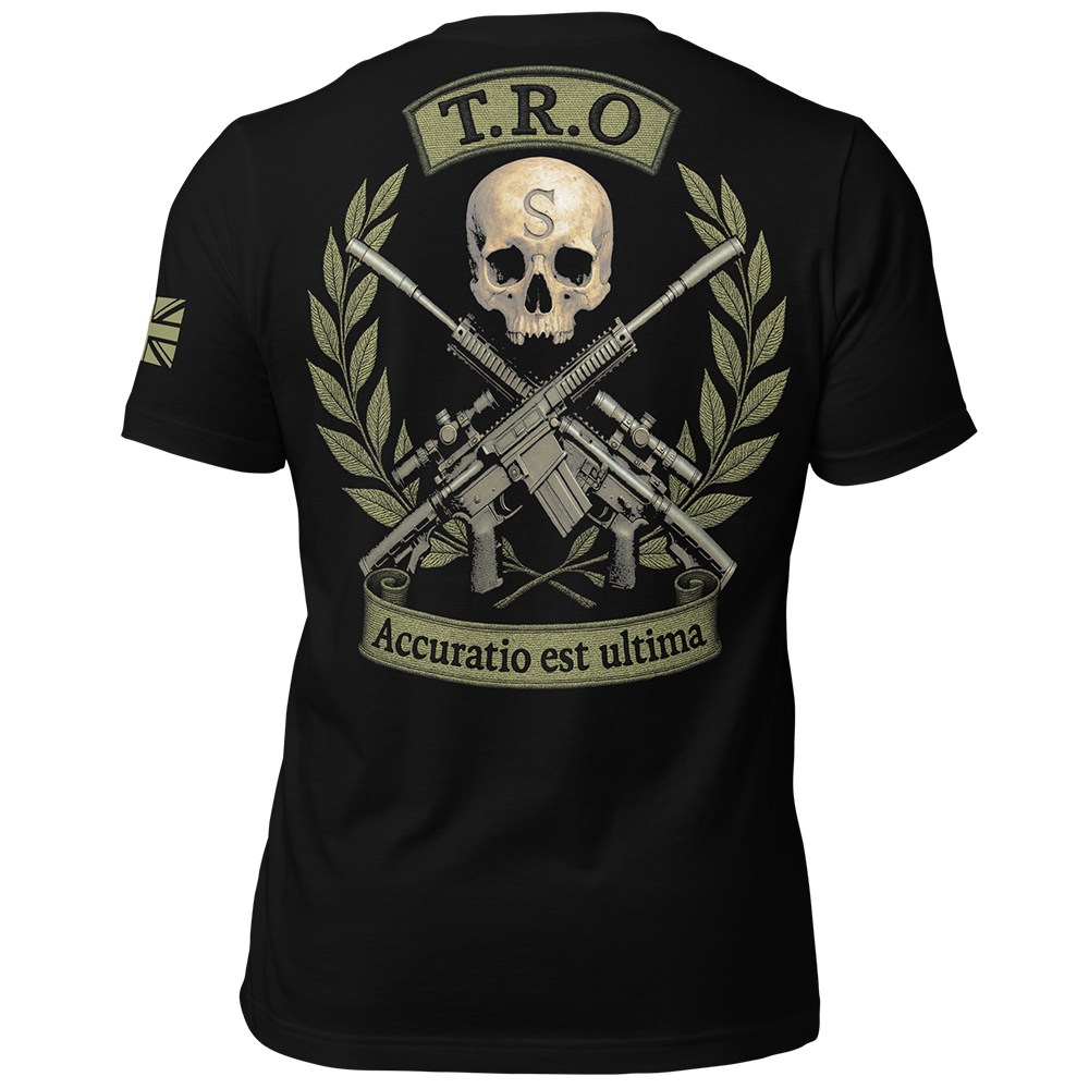 Back view of Black short sleeve unisex fit original cotton T-Shirt by Achilles Tactical Clothing Brand printed with TRO design across back