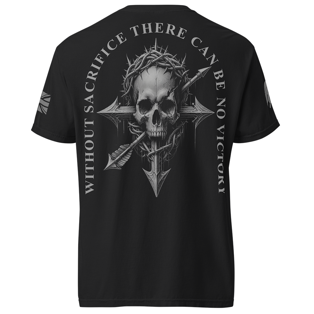 Back view of Black short sleeve unisex fit classic cotton T-Shirt by Achilles Tactical Clothing Brand printed with Large Without Sacrifice design across back