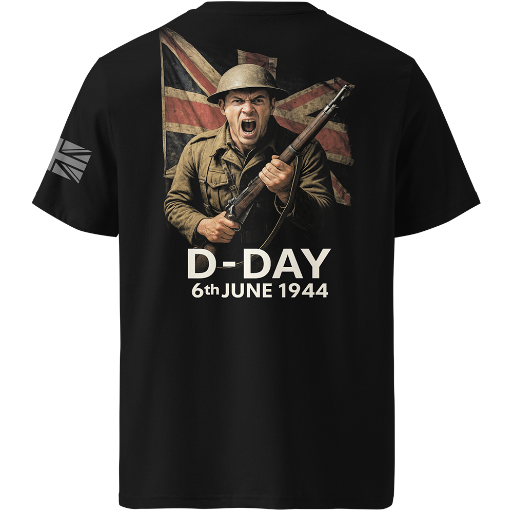 Black t-shirt with a graphic of a soldier holding a rifle and a Union Jack, featuring 'D-Day 6th June 1944' text.