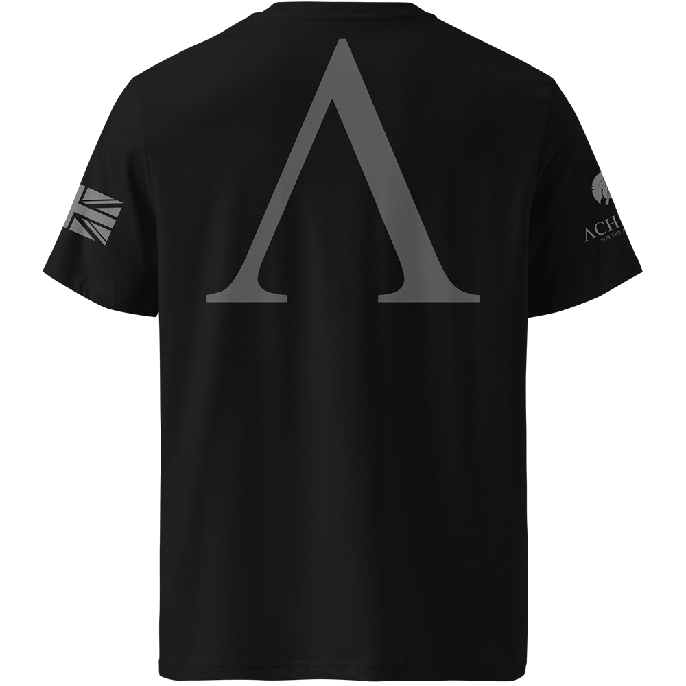 Black t-shirt with a logo on the back against a white background