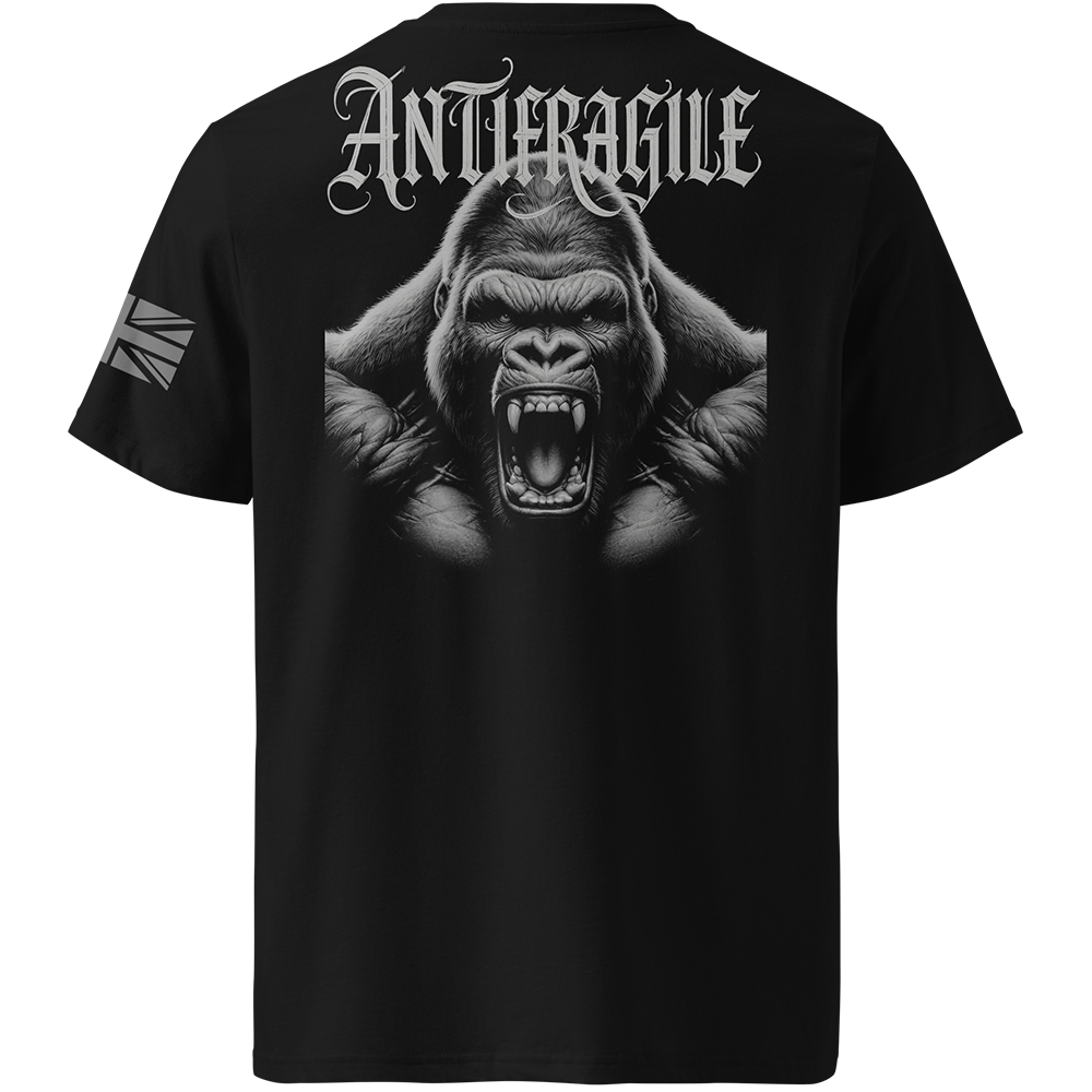 Black t-shirt with a gorilla graphic and 'Antifragile' text on a white background