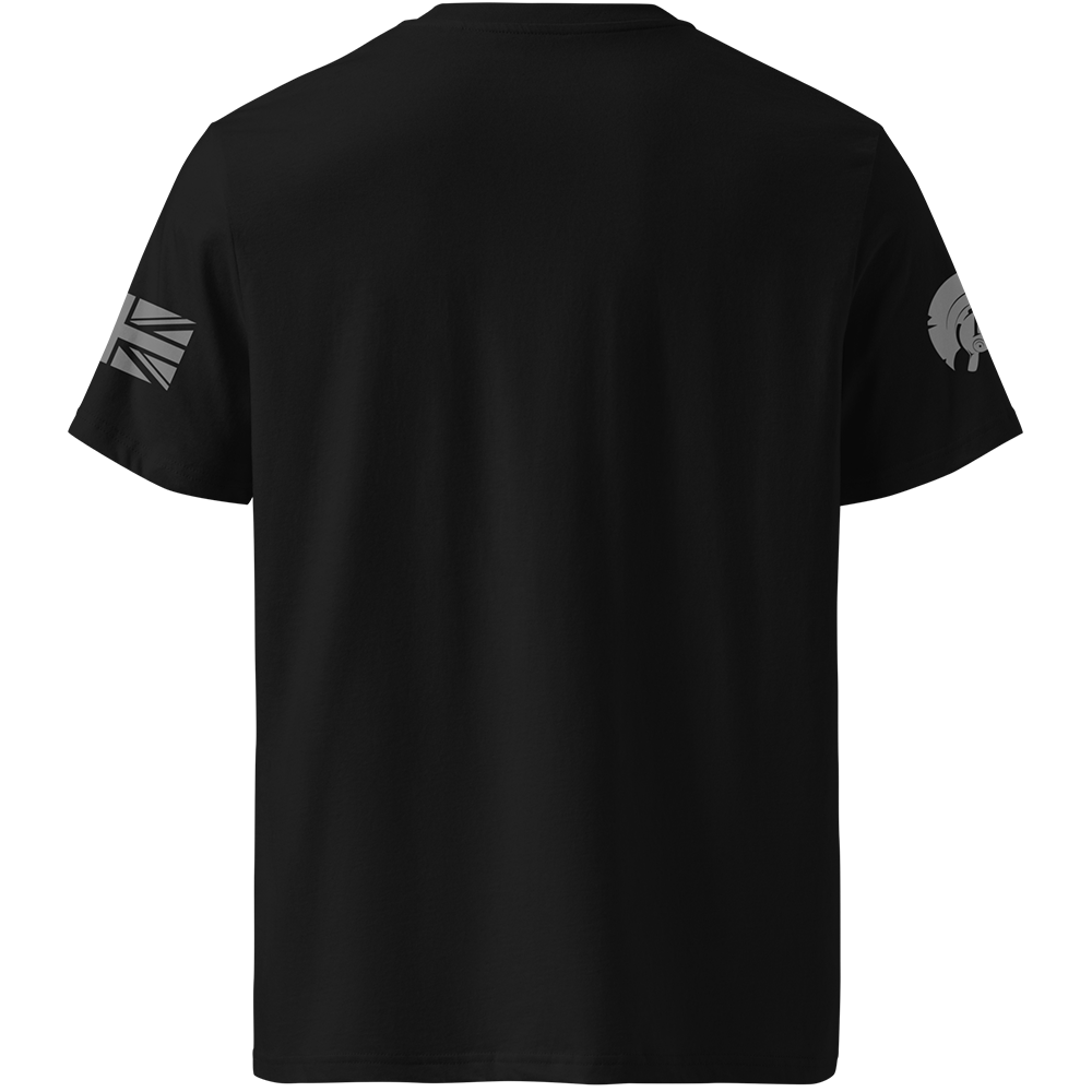 Black t-shirt with white graphics on sleeves against a white background