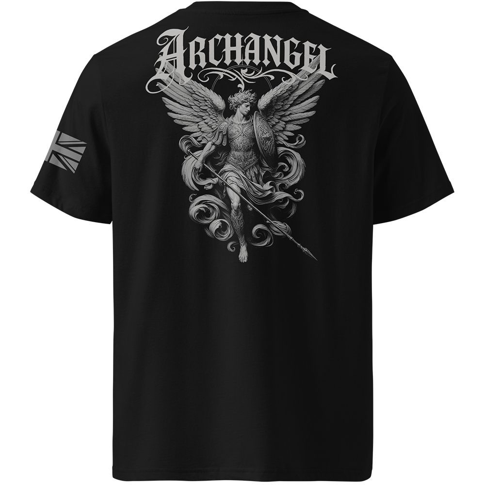 Black t-shirt with 'Archangel' design on the back, featuring an angelic figure and wings.