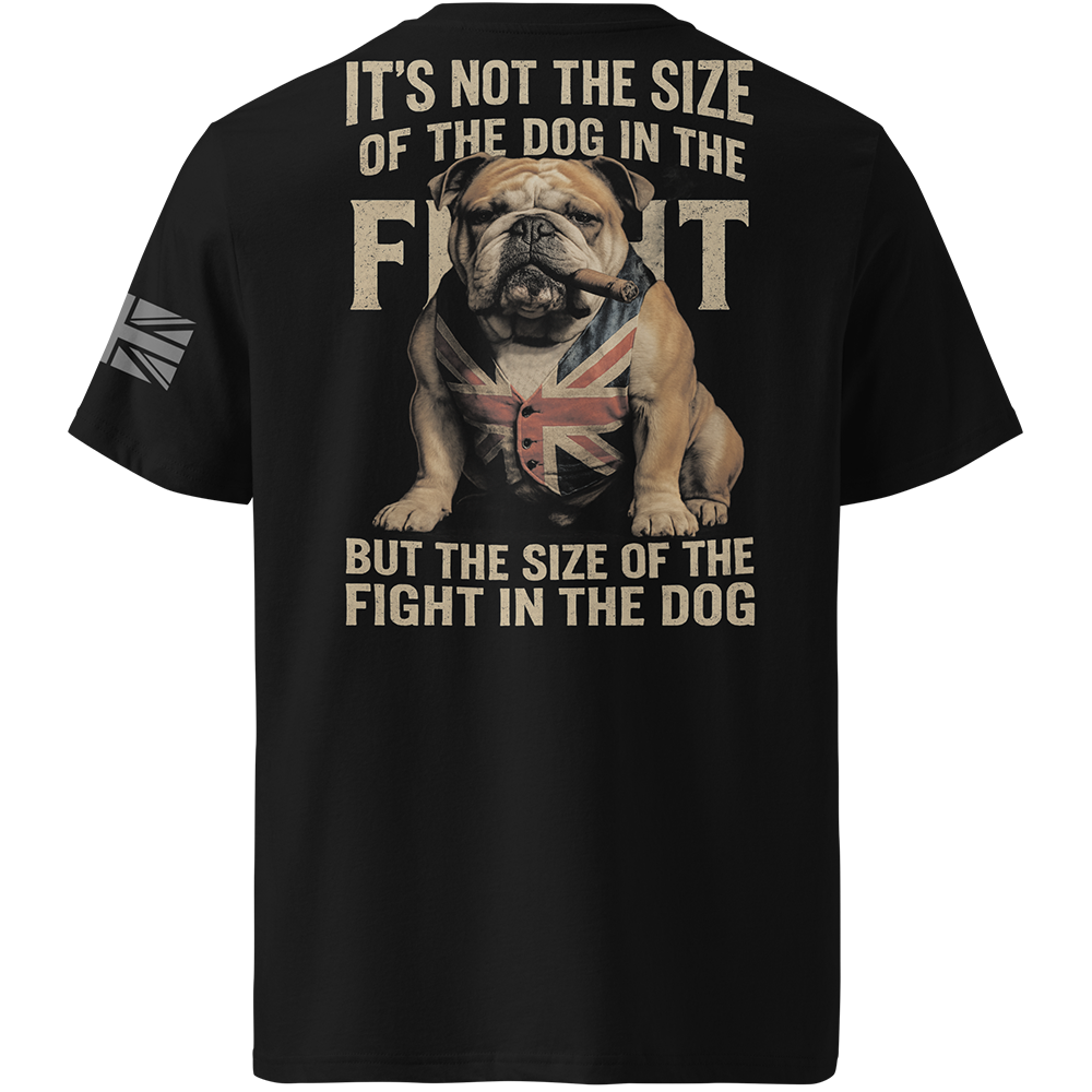 Black t-shirt with a bulldog graphic and motivational text on a white background