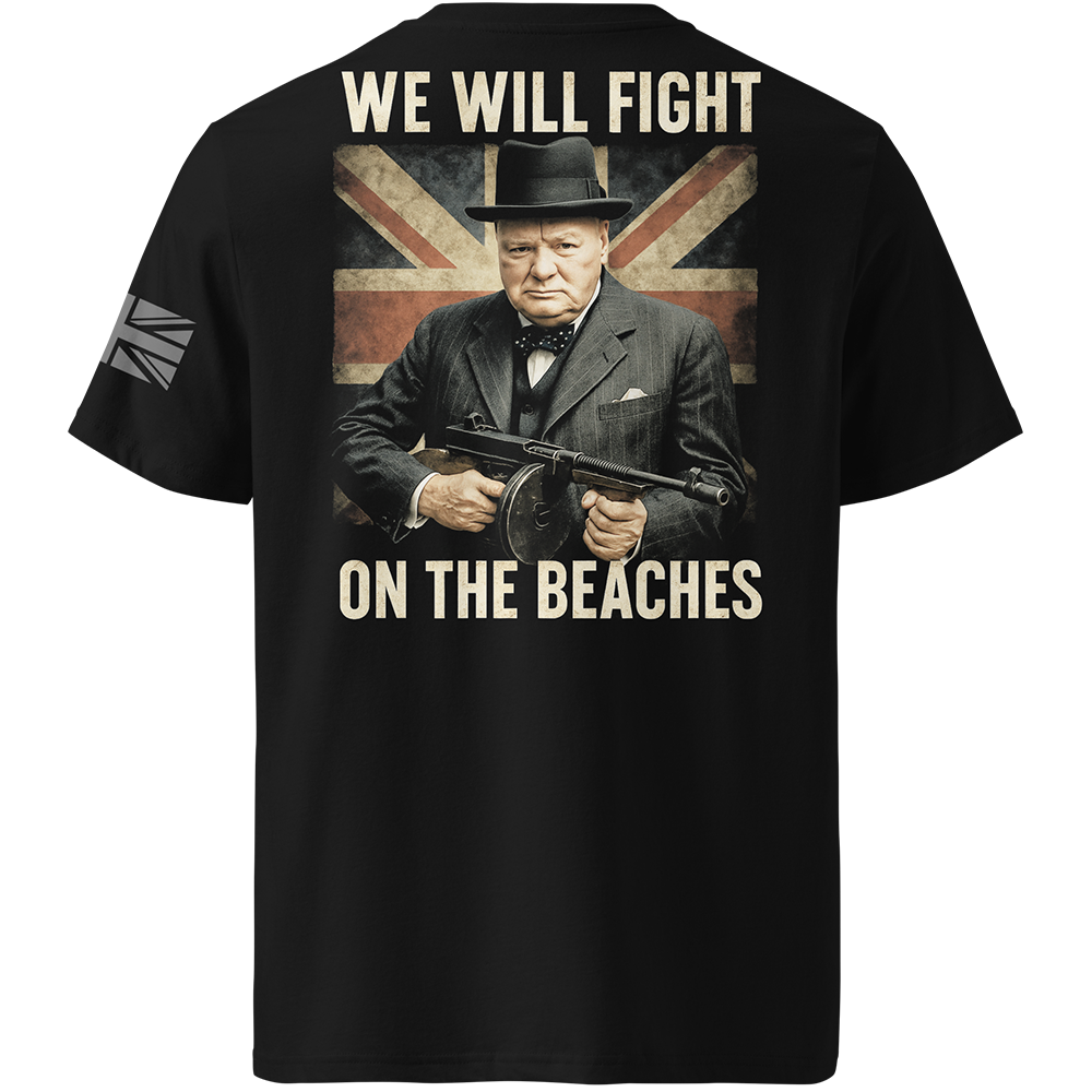 Black t-shirt with a graphic of a Winston Churchill holding a gun, Union Jack flag, and text 'We Will Fight on the Beaches' on a white background.