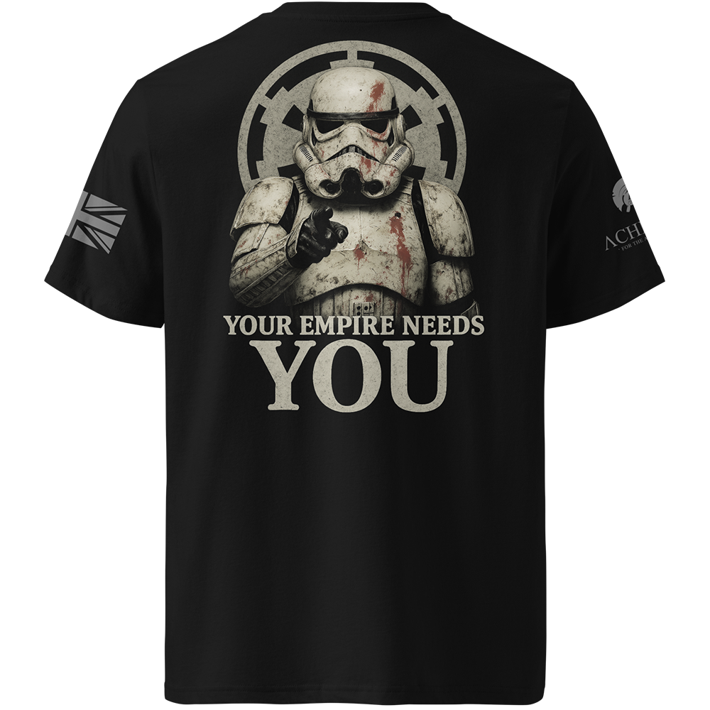 Black t-shirt with a stormtrooper graphic and 'Your Empire Needs You' text on a white background