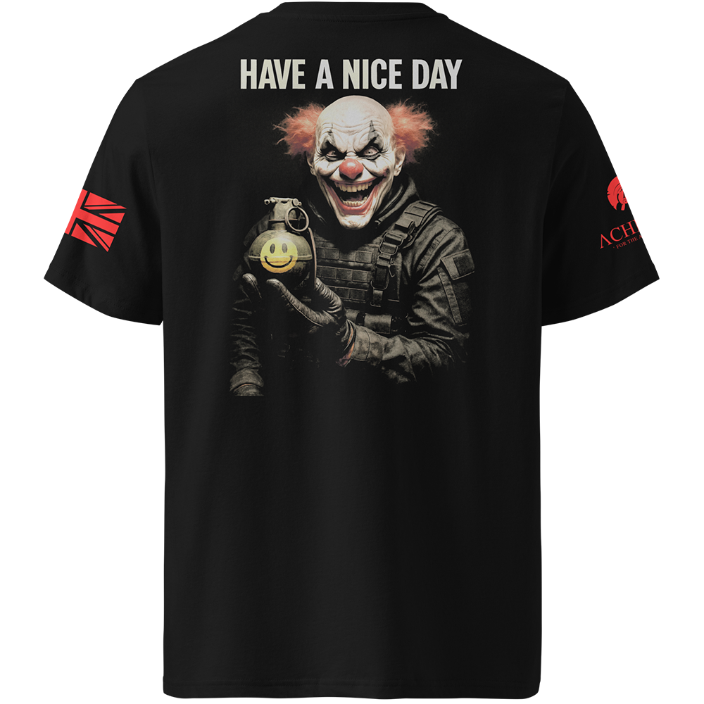 Black t-shirt with a graphic of a clown holding a grenade and text 'HAVE A NICE DAY' on the back.