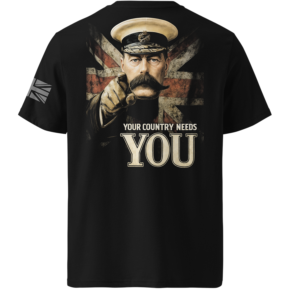 Black t-shirt with a vintage-style graphic of Lord Kitchener pointing and the text 'Your country needs you' on a white background.
