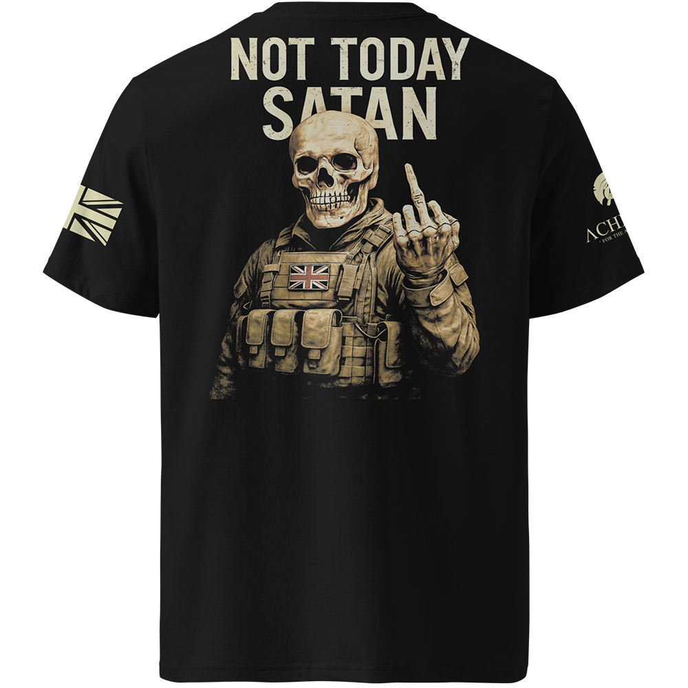 Black t-shirt with a graphic of a skeleton in military gear and 'Not Today Satan' text on a white background.