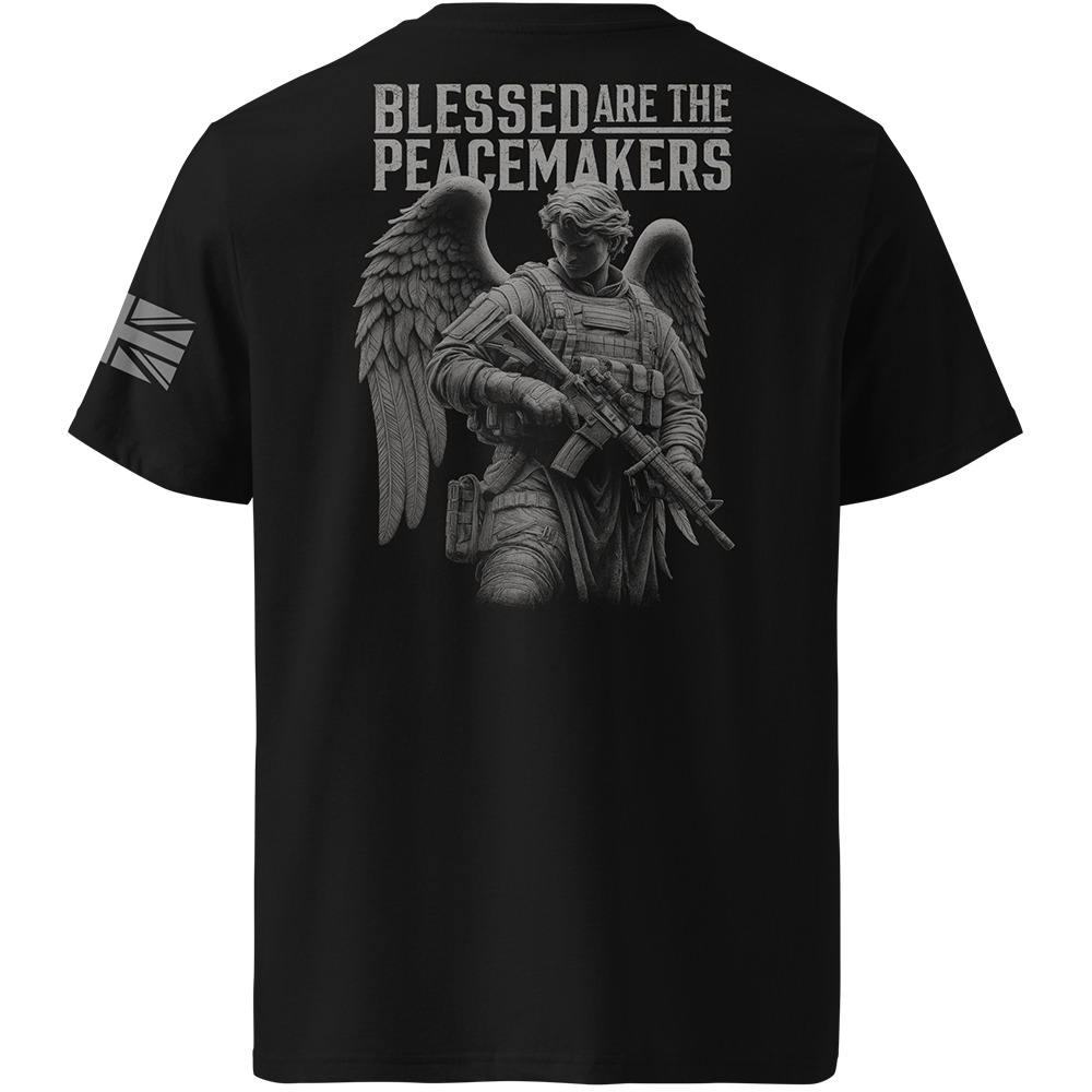 Black t-shirt with an angel holding a rifle and 'Blessed are the Peacemakers' text on the back.