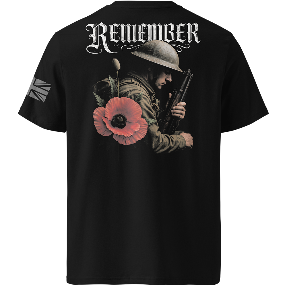 Black t-shirt with a graphic of a soldier holding a rifle and a poppy flower, and the word 'REMEMBER' on the back.