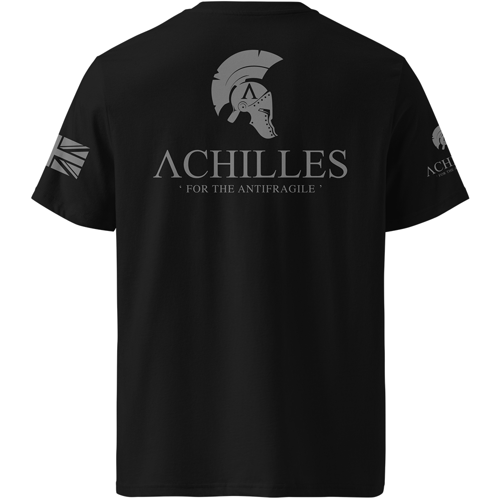 Black t-shirt with 'Achilles' logo and text on a plain background
