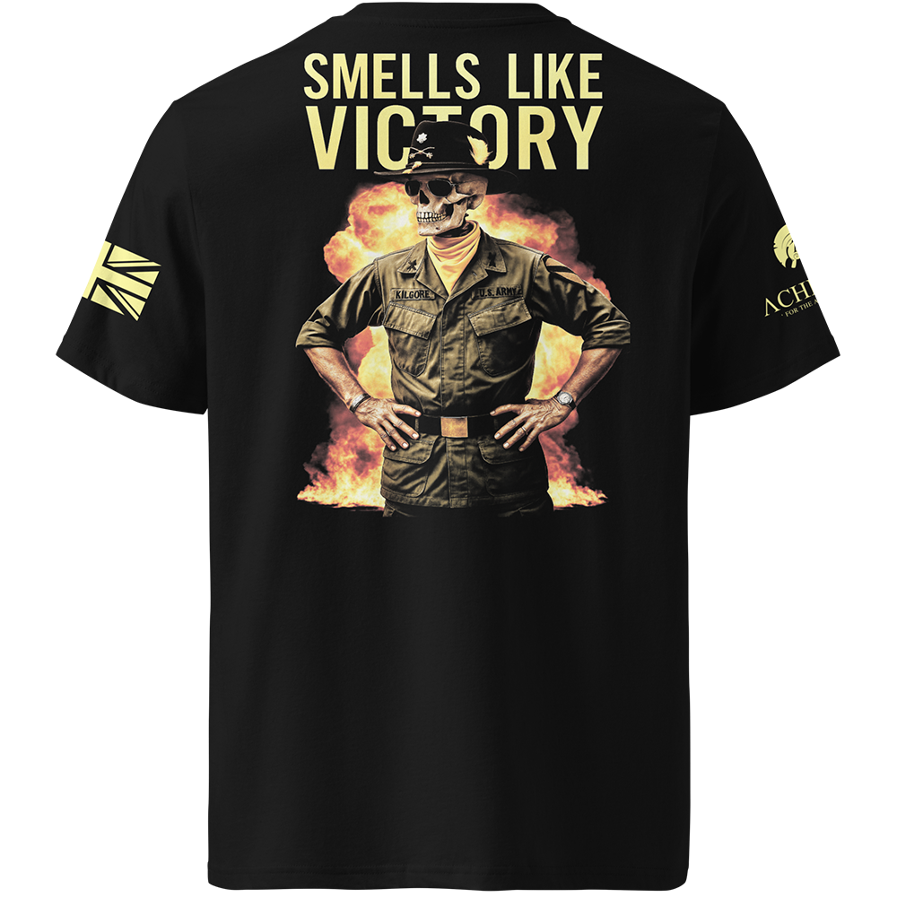 Black t-shirt with a graphic design of a skeleton in military attire and 'Smells Like Victory' text on the back.