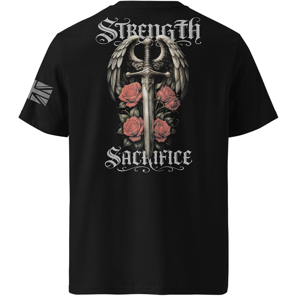 Black t-shirt with a sword and roses design on the back, featuring the text 'Strength' and 'Sacrifice'.