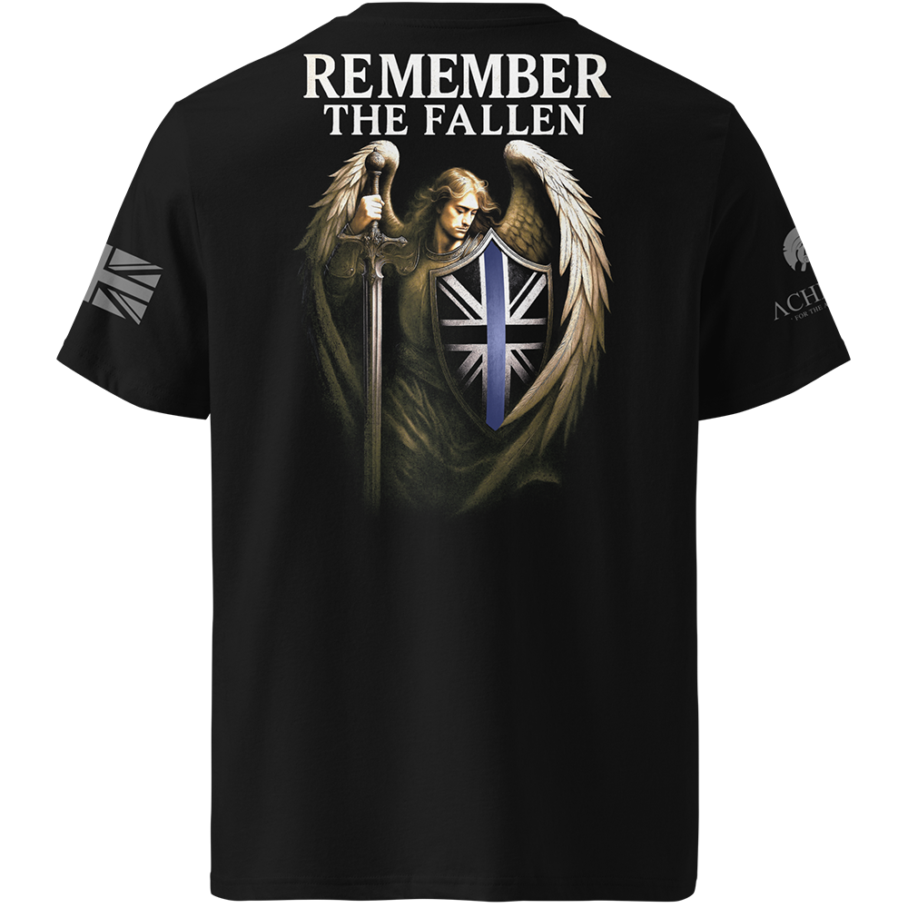 Black t-shirt with an angel holding a sword and a shield featuring a Union Jack, with 'Remember the Fallen' text on the back.