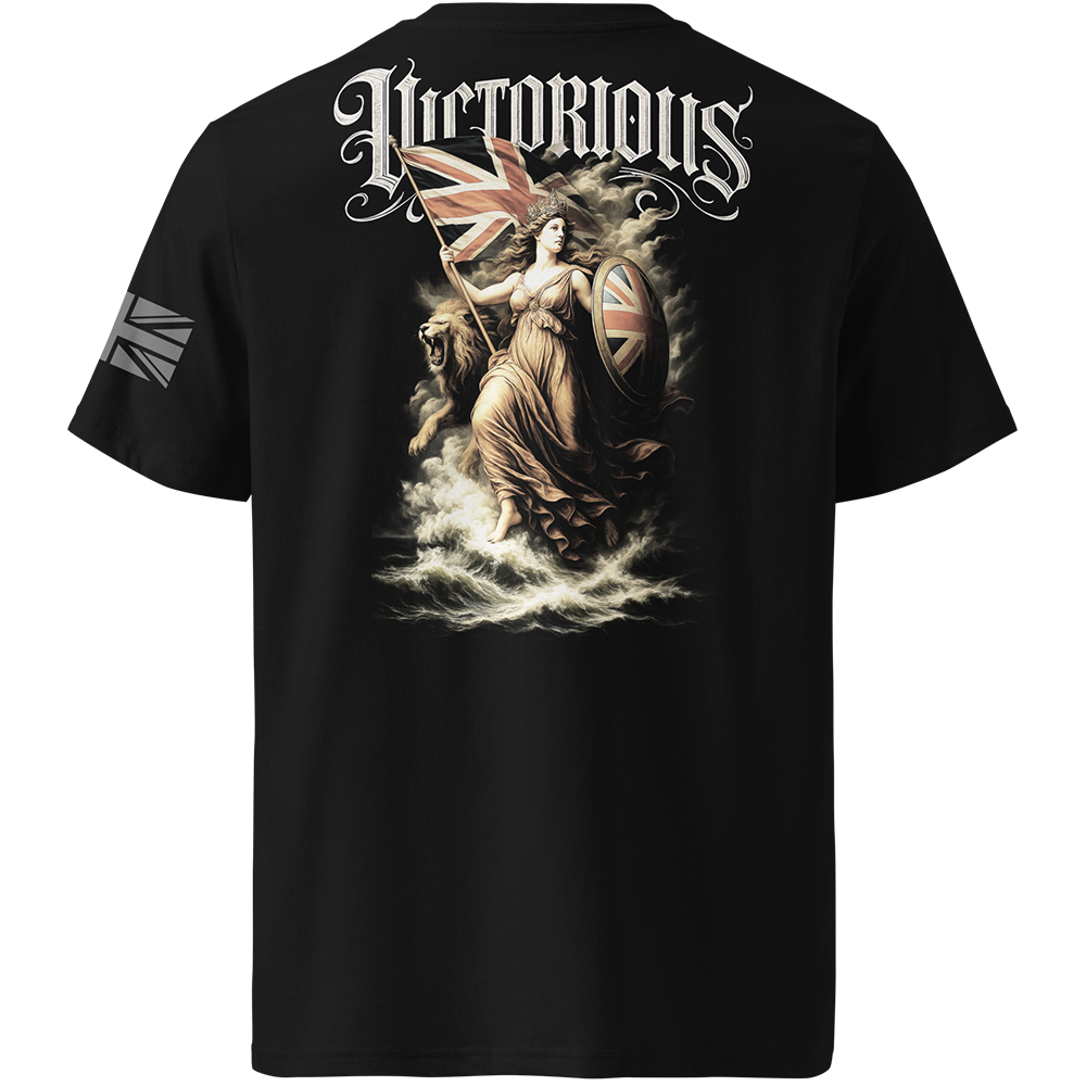 Black t-shirt with a graphic design and 'Victorious' text on the back