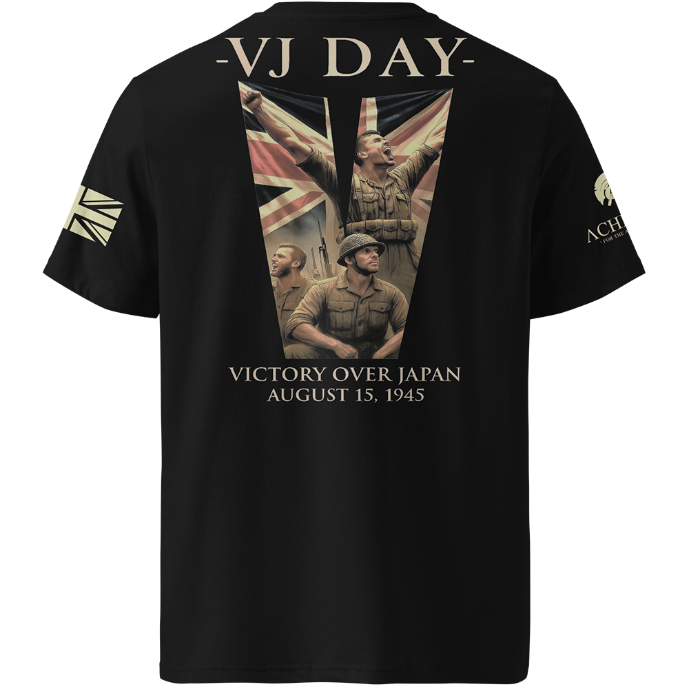 Black t-shirt with VJ Day design featuring soldiers and a flag on a white background