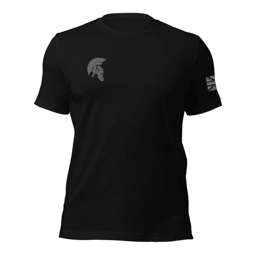 Back view of Black short sleeve unisex fit original cotton T-Shirt by Achilles Tactical Clothing Brand printed with Rule Britannia design across back