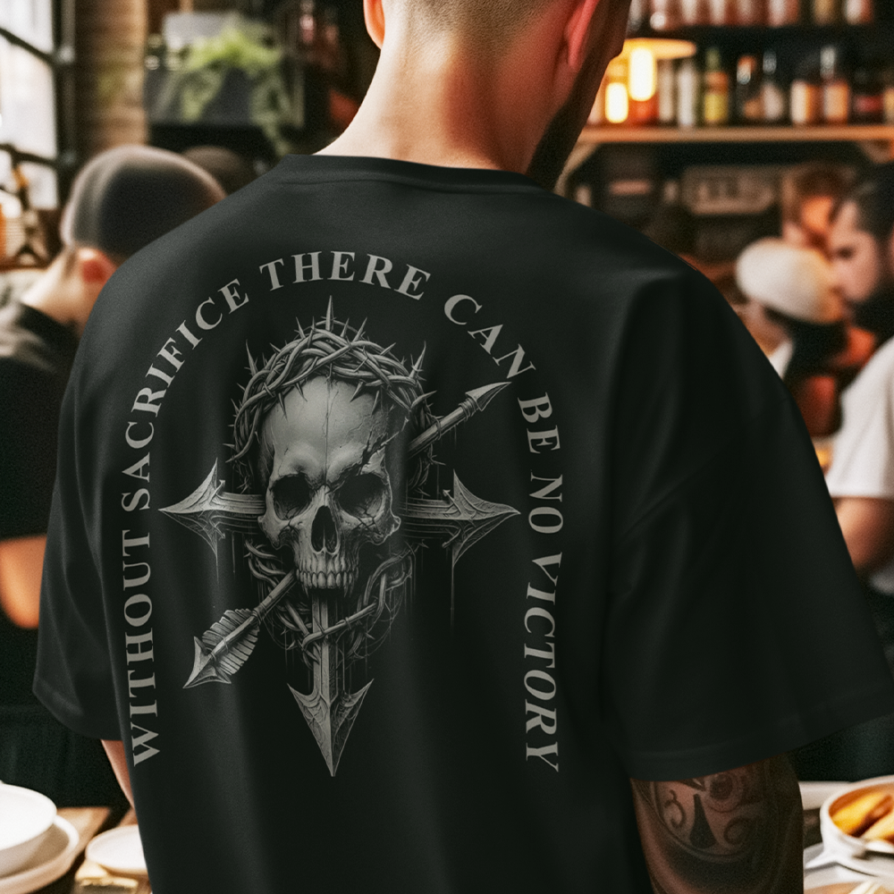 Back view man wearing Black short sleeve unisex fit classic cotton T-Shirt by Achilles Tactical Clothing Brand printed with Large Without Sacrifice design across back
