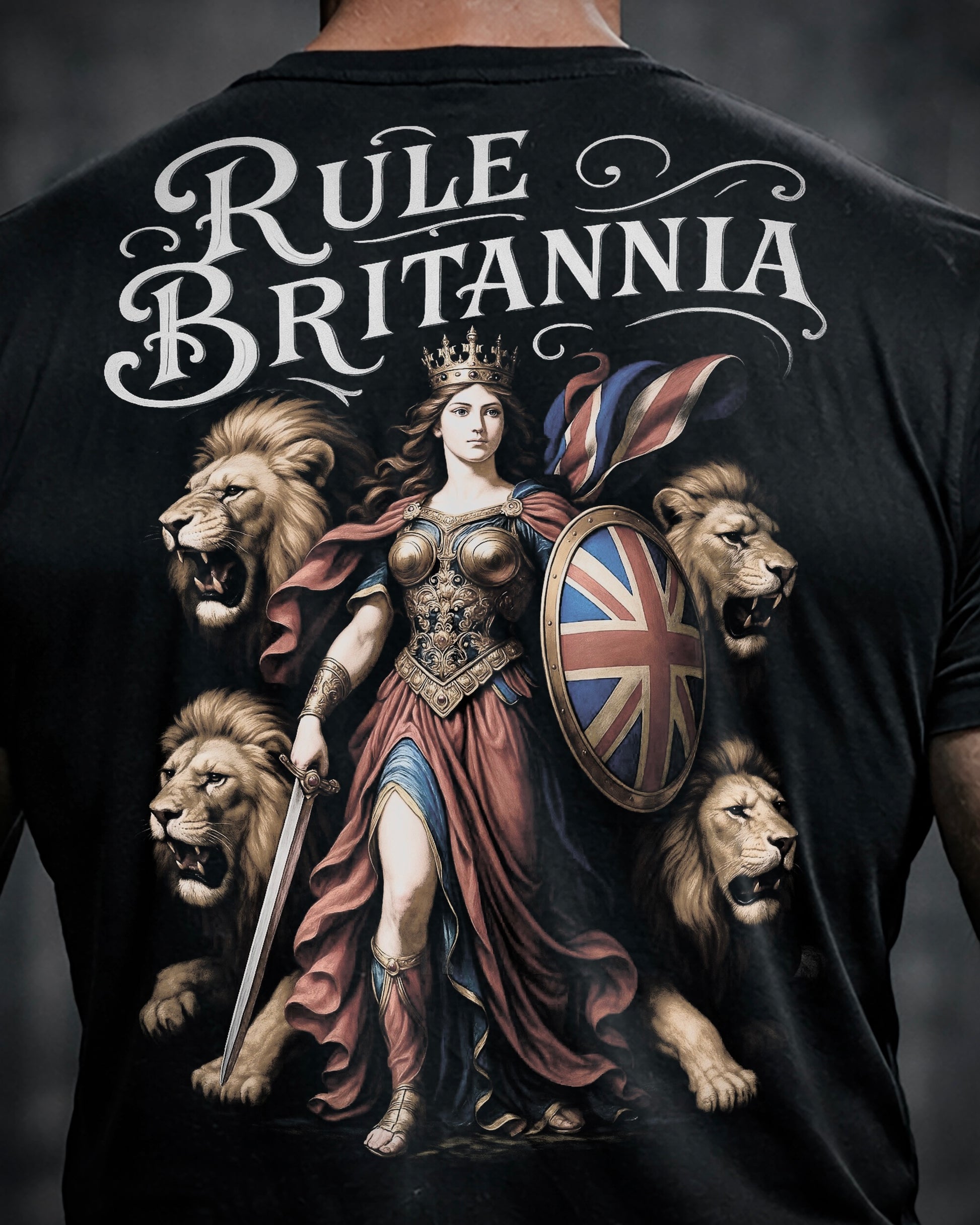 Close up of back view of man wearing black Achilles T-shirt printed with large Rule Britannia design on back