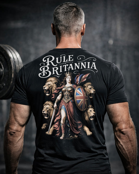 Back view of man wearing black Achilles T-shirt printed with large Rule Britannia design on back