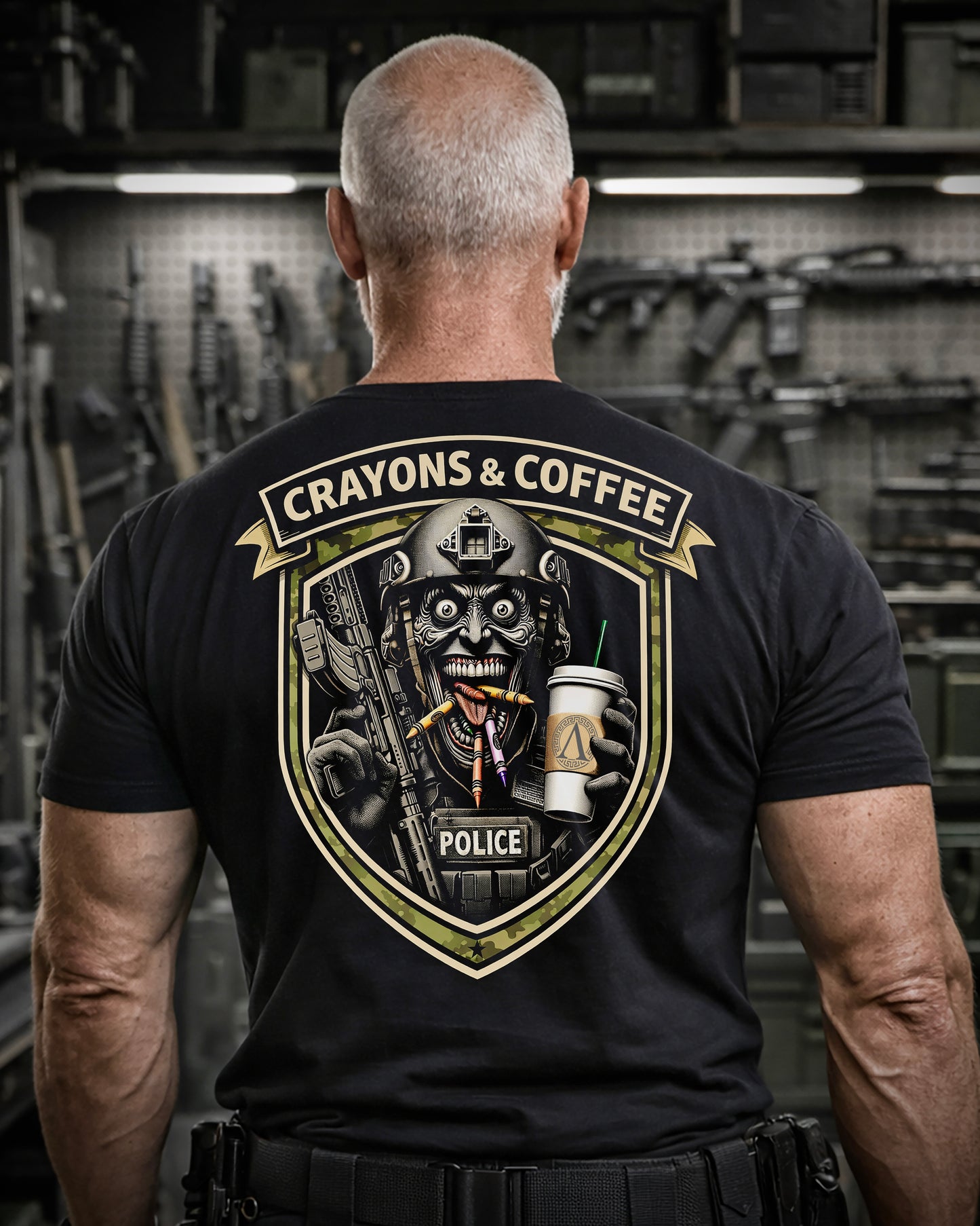 Back view of man wearing black Achilles T-shirt printed with Crayons and Coffee logo on back
