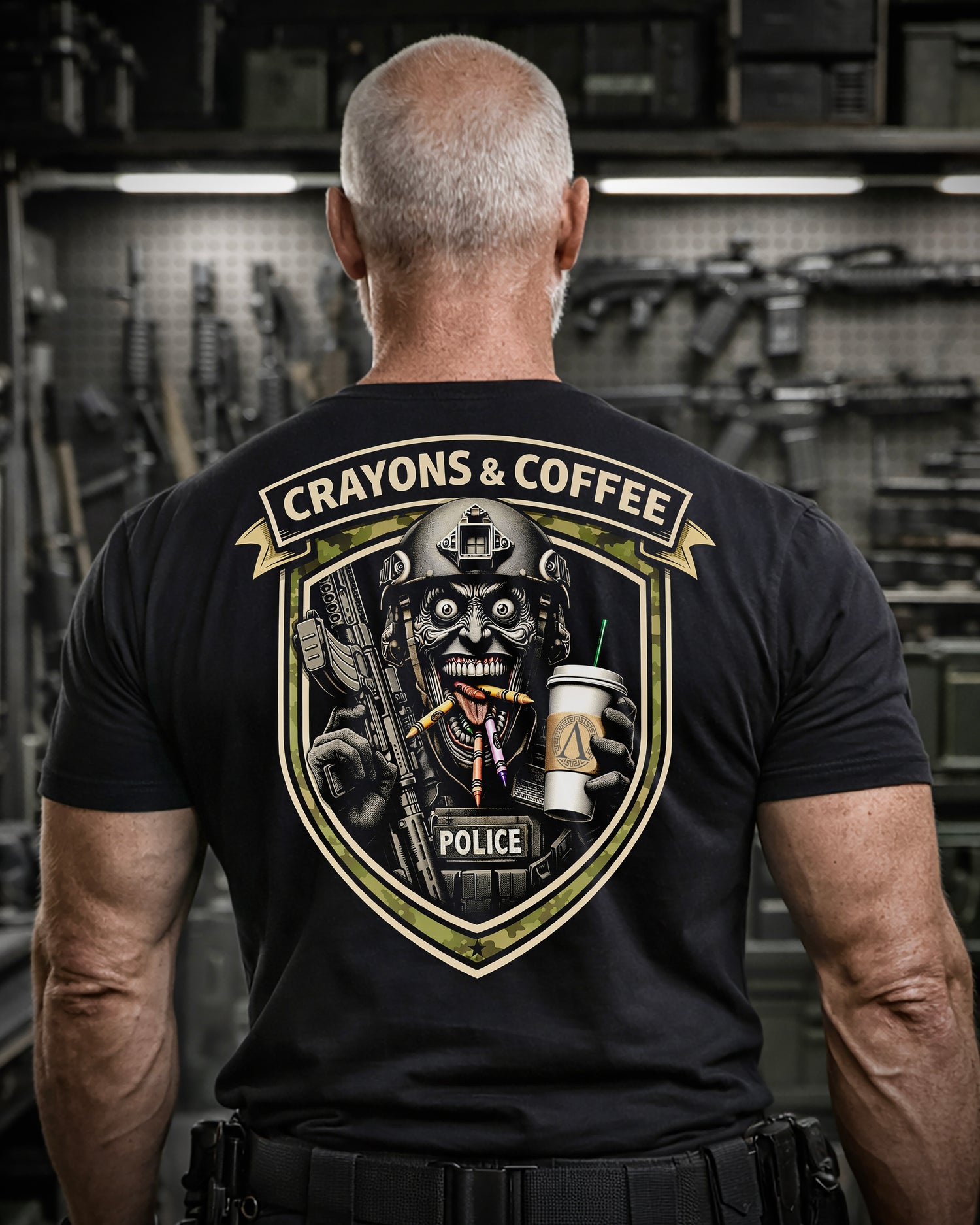 Back view of man wearing black Achilles T-shirt printed with Crayons and Coffee logo on back