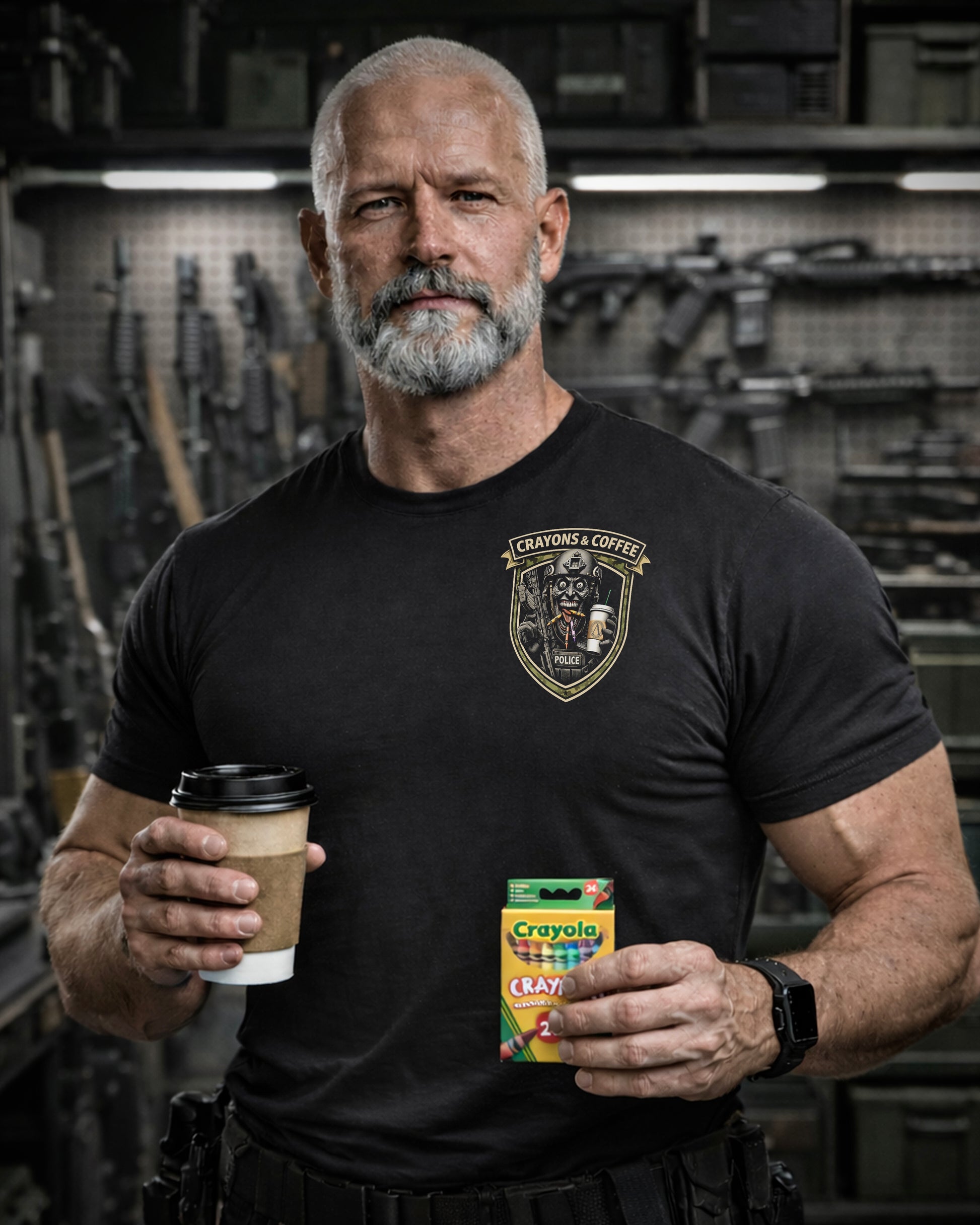 Front view of man wearing black Achilles T-shirt printed with Crayons and Coffee logo on chest