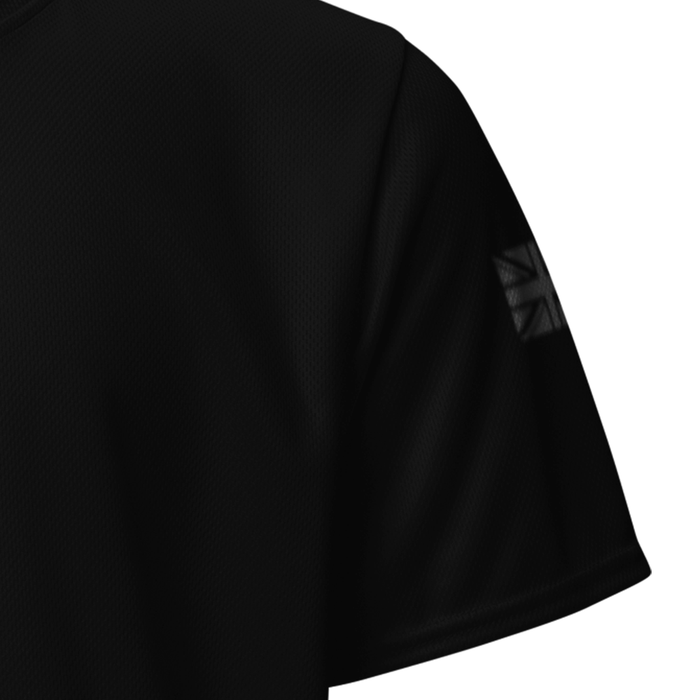 Close up of left sleeve of black short sleeve unisex fit Performance Physical training  PT Jersey by Achilles Tactical Clothing Brand with Tactical Medic Design across back