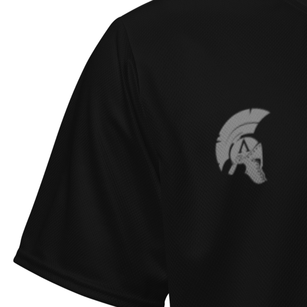Close up of Right sleeve of black short sleeve unisex fit Performance Physical training  PT Jersey by Achilles Tactical Clothing Brand with Tactical Medic Design across back
