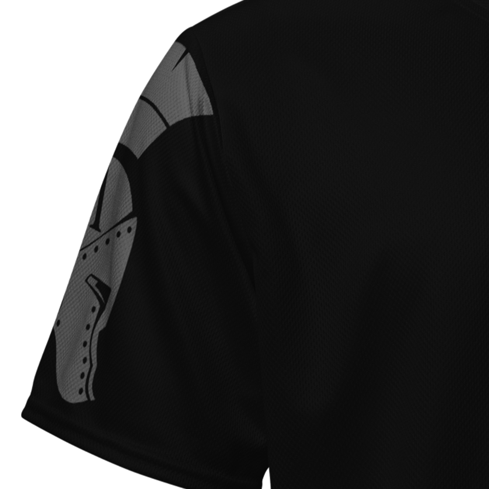 Close up of right sleeve of black short sleeve unisex fit Performance Physical training  PT Jersey by Achilles Tactical Clothing Brand with Si Vis Pacem quote Design across back